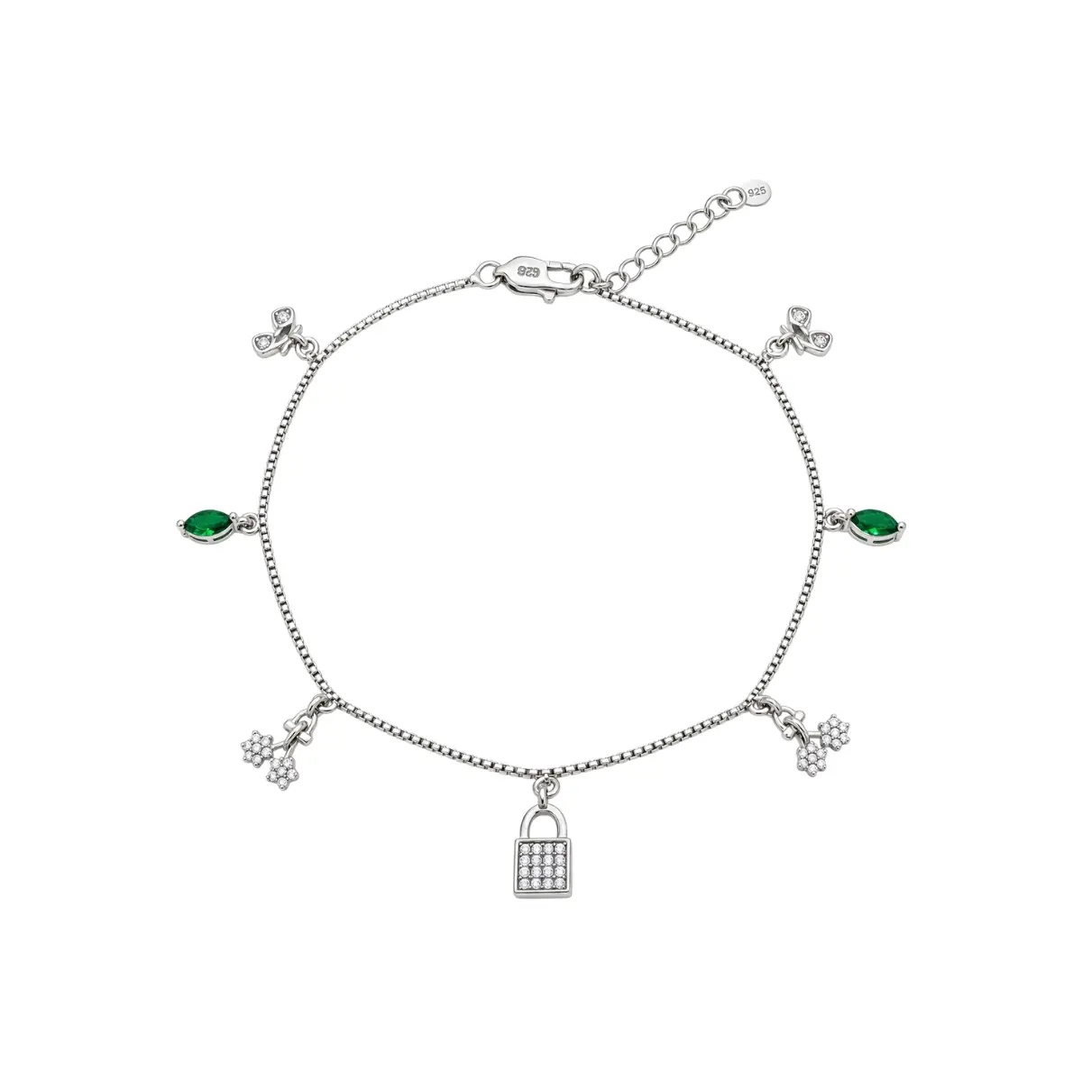 925 Sterling Silver Anklet For Women With Green Stones And Floral Charms